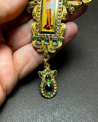 Greek Russian Orthodox Priest Pectoral Cross Pendant Gold Plated Green Stones - Picture 9 of 21