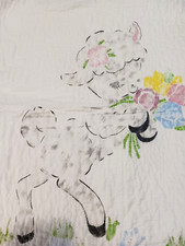 Vintage Handmade Blue  White Toddler Crib Quilt w Painted Lamb Sheep 37x67"