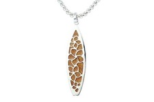 Hawaiian Surfboard Plumeria Pendant - Hawaii Koa Wood, Rhodium on Brass Necklace