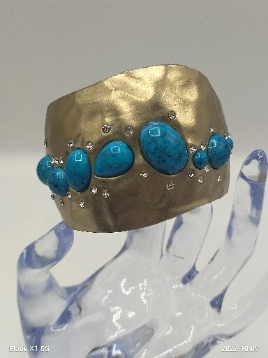 Brazalete Brazalete Martillado Bisagra Primavera Estrás Turquesa Tono Dorado Cabujón Foto 2 de 4