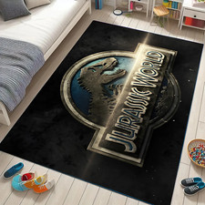 Jurassic World Glowing Logo Area Rug Dark Dino Kids Bedroom Game Room Decor