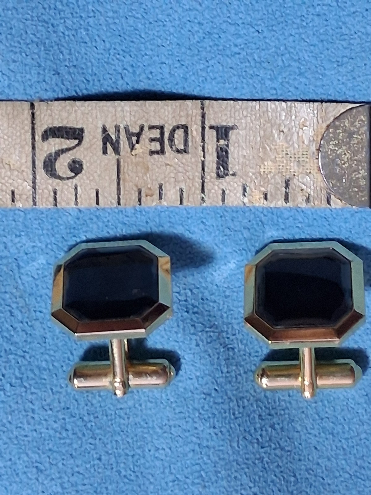 Vintage Gold Tone and Onyx inset Cufflinks Hexagonal Beveled Edge Black Stone image 4