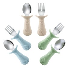 Baby Toddler Fork and Spoon Utensil Set, 6 Pack Silicone Stainless Steel Silv...