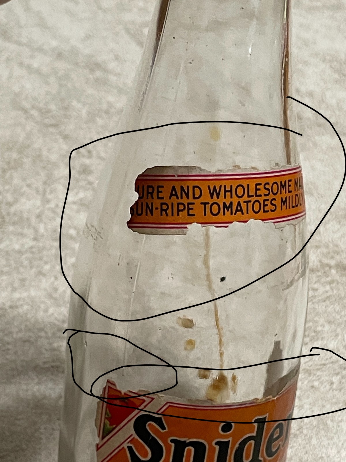 Snider's Catsup Paper Label Glass Bottle Rochester, NY As Seen