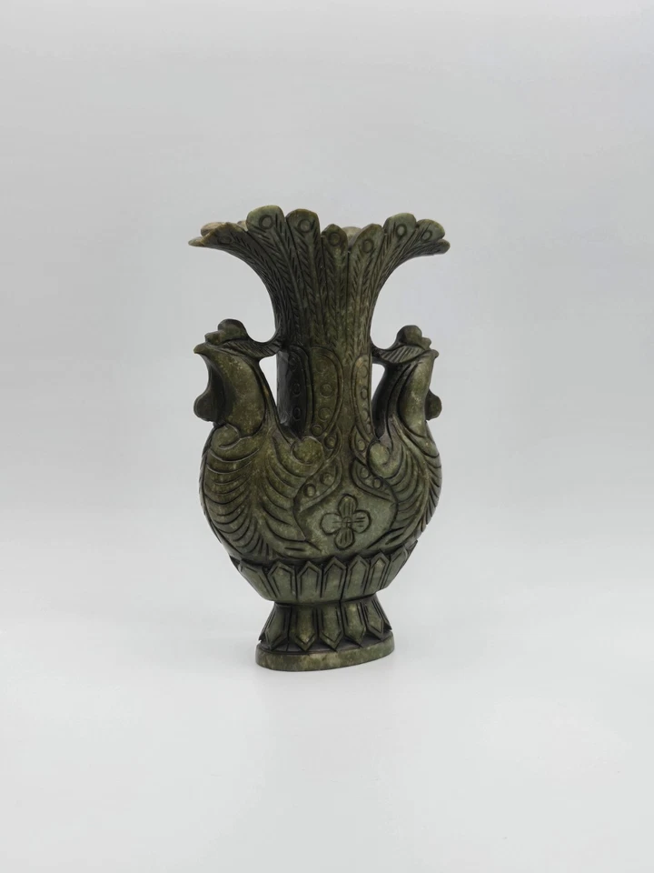 Jarrón antiguo de piedra verde tallado a mano de 7,25" con pájaros fénix dobles dinastía Foto 3 de 4