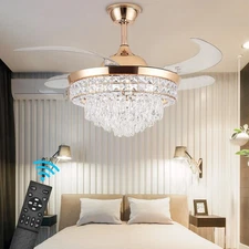 42" Crystal Ceiling Fan with Light,Gold Luxury Dimmable Chandelier Ceiling Fa...