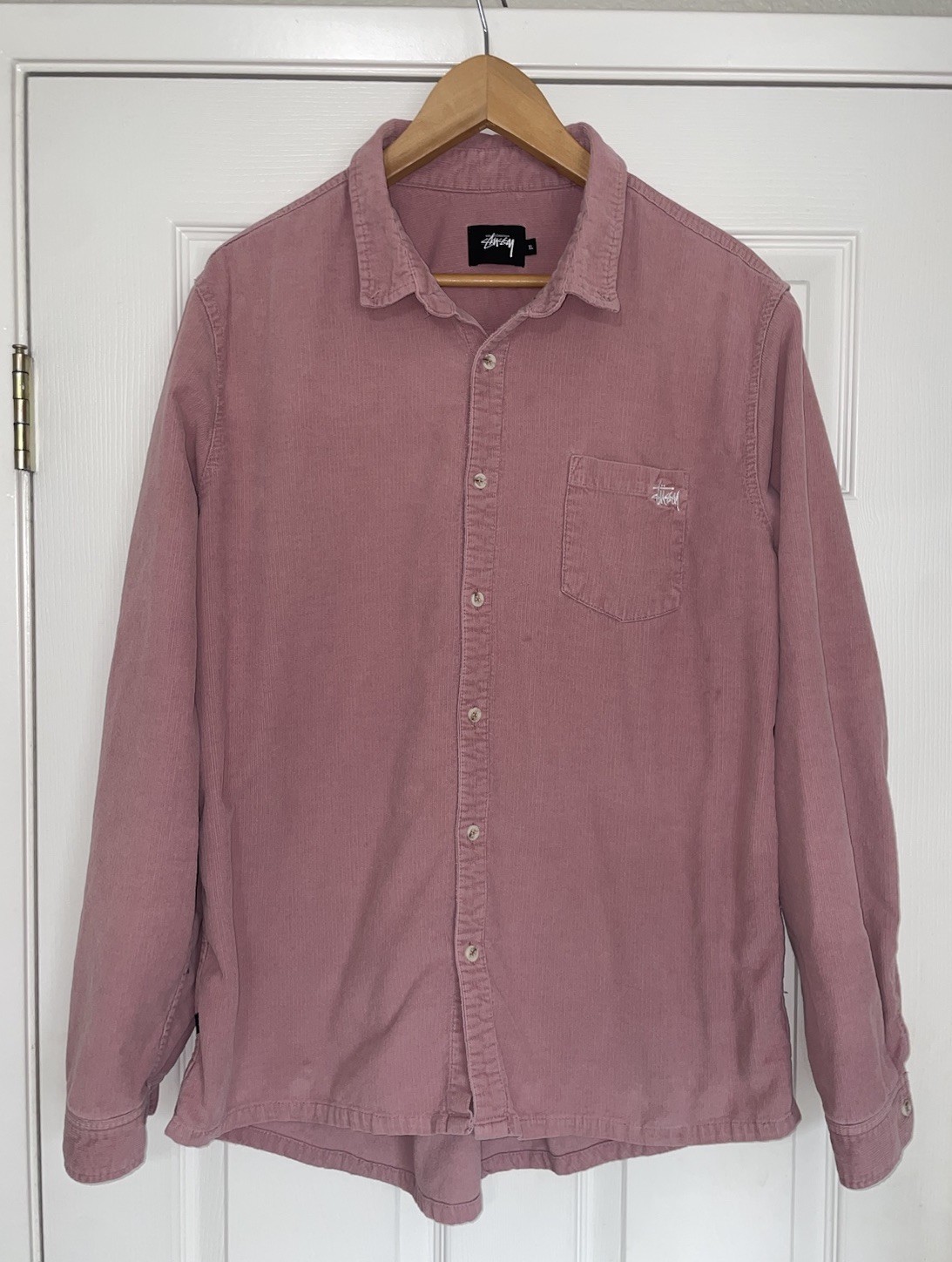 Stüssy Long Sleeve Corduroy Button Up Skater Surfer Style Shirt Mauve XL Flaws