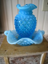 Vintage Fenton Hobnail Small 4  Opalescent Blue Ruffled Vase  Sm 2 Handle Dish