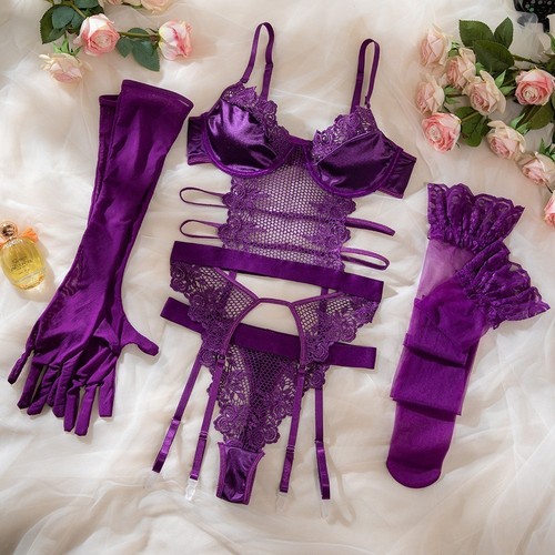 Lila Spitze Strumpfgürtel Stahlring Sexy Dessous Dreiteiliges Body Shaping Set - Bild 1 von 6
