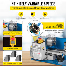 VEVOR Mini Tour À Métaux De Précision 180 X 350 Mm Vitesse Variable 50-2500 RPM