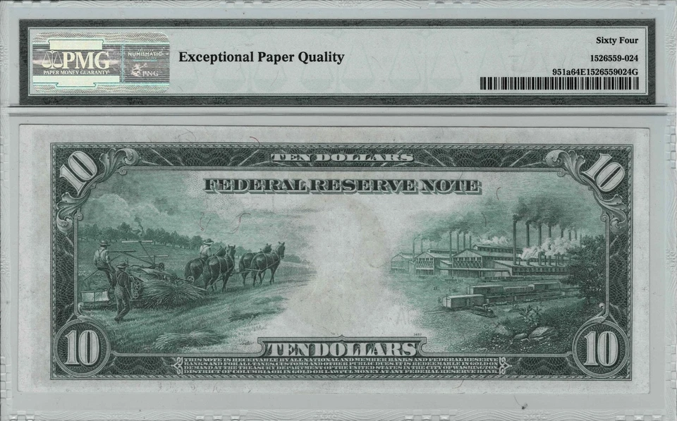 1914 $10 Federal Reserve note--fr.951a ( San Fran) -PMG CU 64 EPQ- only 9 finer - Image 2 of 4