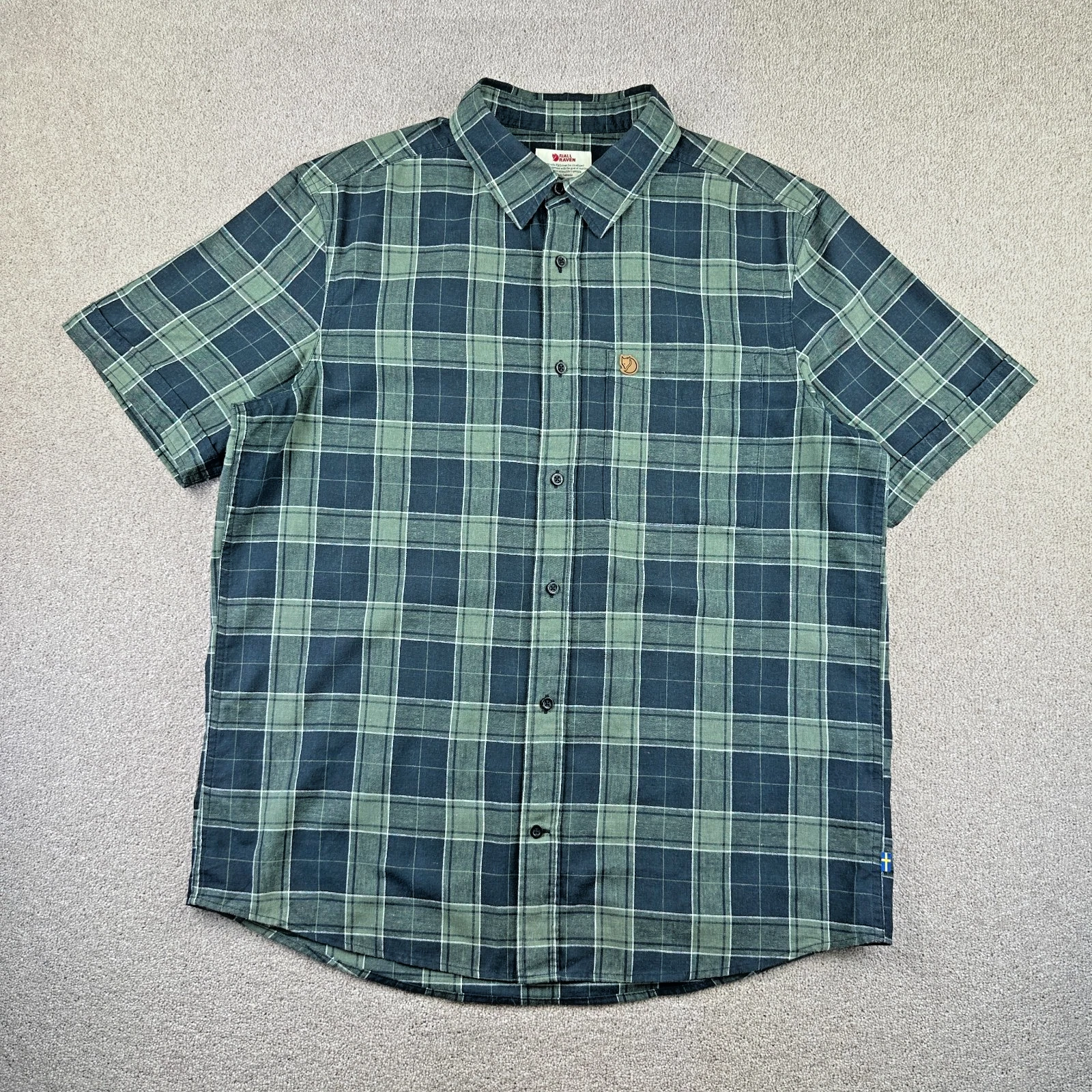 Fjällräven Ovik Travel Shirt SS Mens L Green Check Short Sleeve Outdoor Hiking
