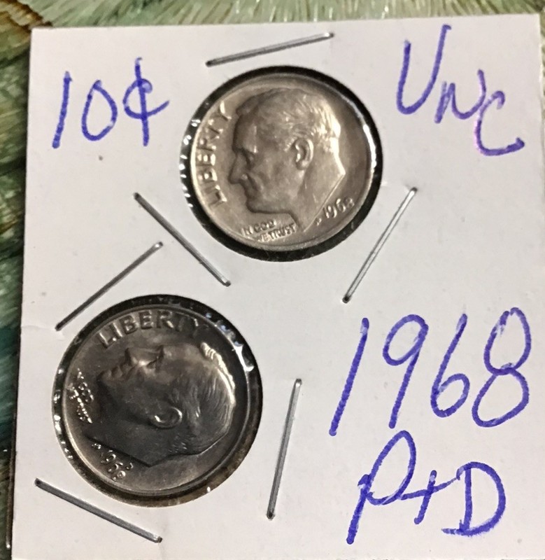 1968 P D Roosevelt Dime AU+ Year Set  2 Coin Lot