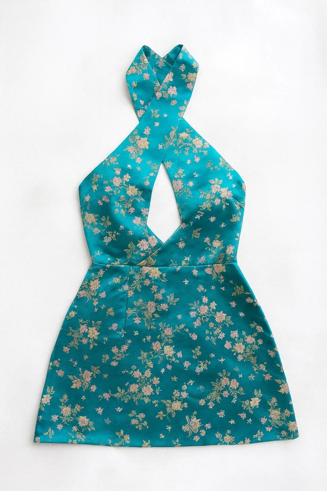 Sau Lee бирюзовый металлический парчи крест с бретелью через шею мини-платье коктейльное праздник 12 новый с Ярлыками - Изображение 3 из 4