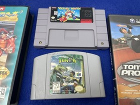 VINTAGE VIDEO GAME LOT SNES N64 SEGA SATURN GAMECUBE PS1 MEGA MAN TUROK WARIO