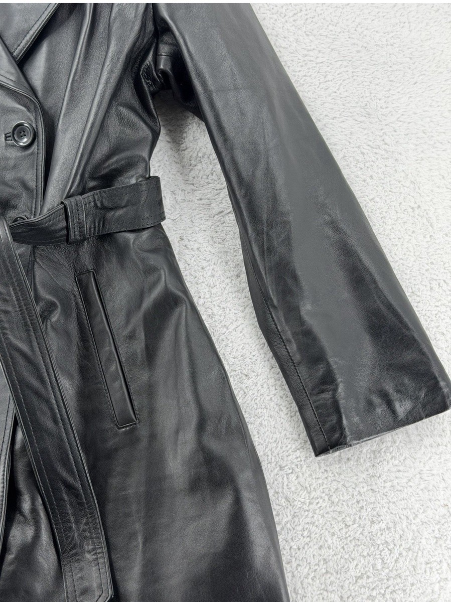 Women's Black Genuine 100% Leather Long Trench Coat Chest46