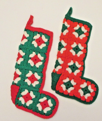 Pair 2 Vtg Handmade Christmas Stocking Crocheted Granny Square Red Green 13''