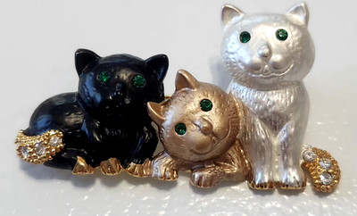 Adorable Kittens brooch gold-tone black silver white, & brown enamel...