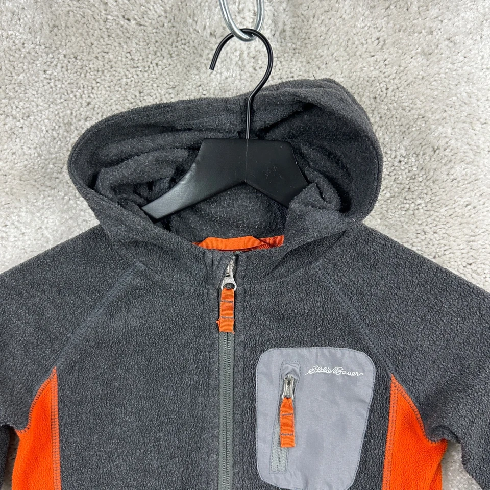 Eddie Bauer Fleece Jacket Kids Size 5 Gray Orange Full Zip Hooded - Image 4 of 4