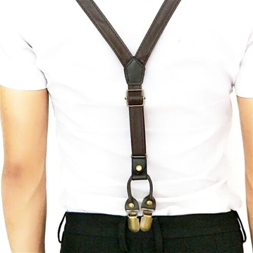 Bretelle da Uomo 2CM Y-Back Similpelle Pantaloni Regolabile 6 Clip Marrone - Foto 7 di 14