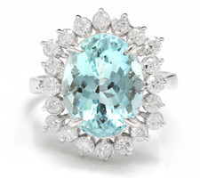 6.90 Carats Natural Aquamarine Ring and Diamond 14K Solid White Gold Ring