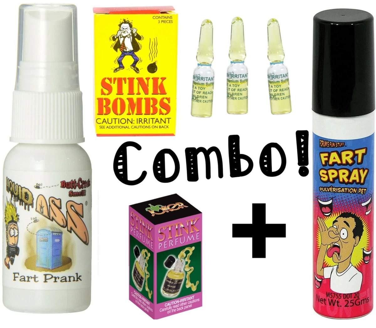 1 Liquid Ass + 1 Fart Spray Can + 3 Stink Vials + 1 Stink Perfume ~ GaG  Joke Set