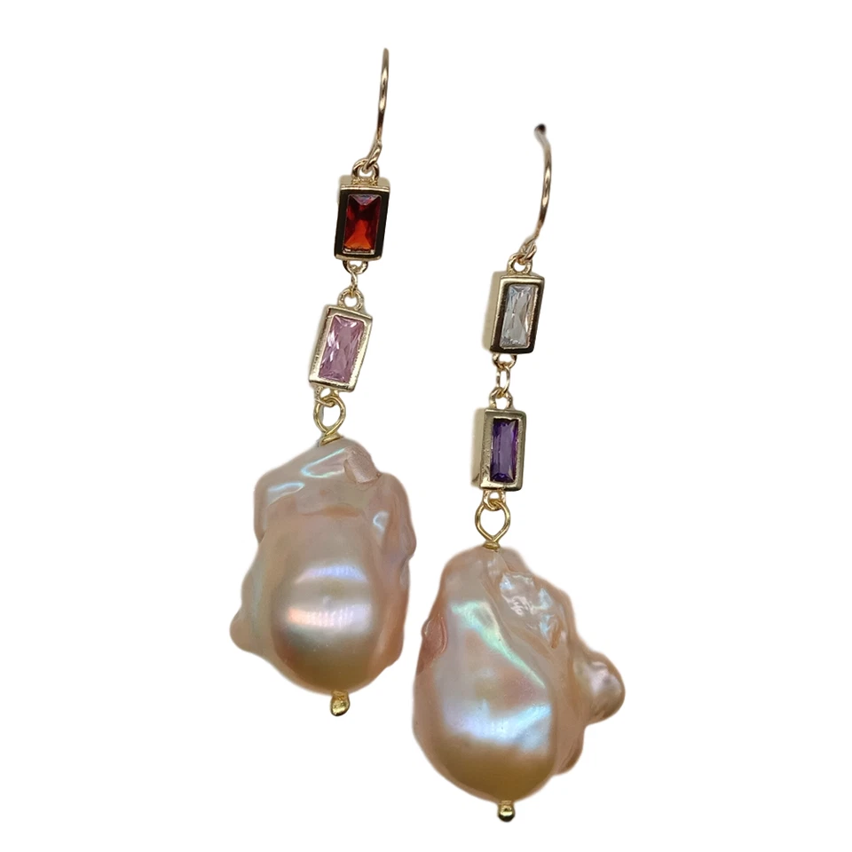 Pendientes de gancho colgantes de cadena pavé circonita cúbica perla Keshi cultivada rosa Foto 2 de 4