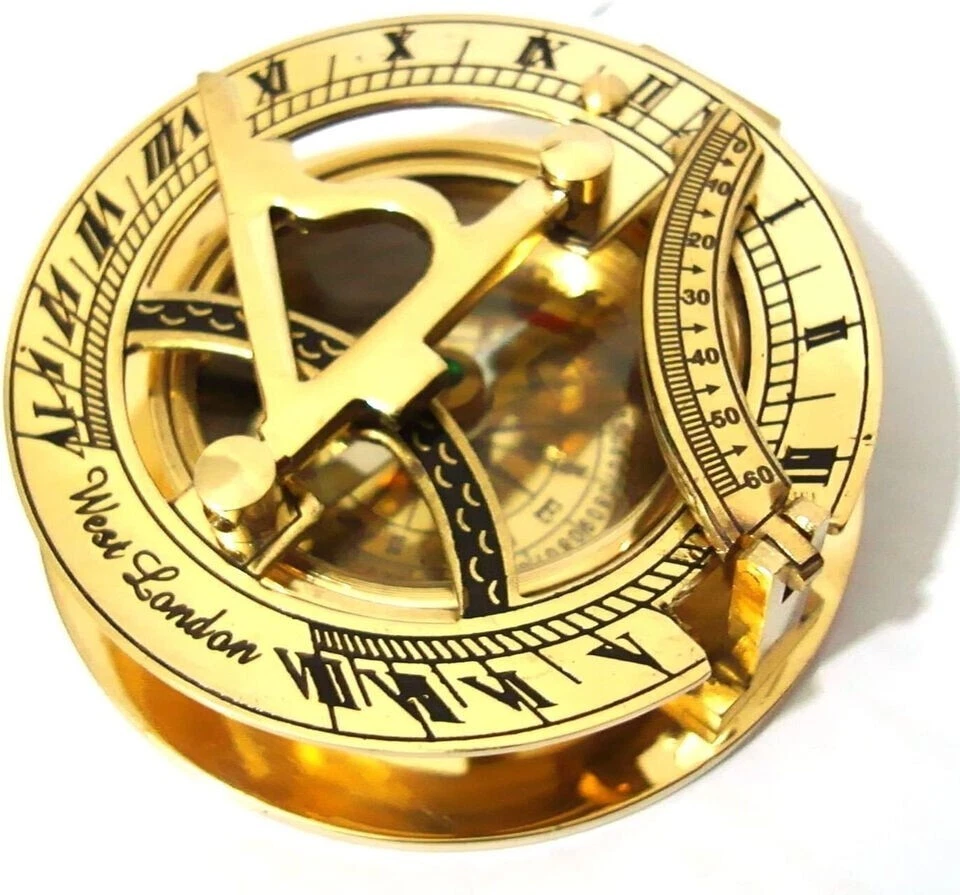 Sundial Compass Solid Brass Inlaid Rustic Teak Wood Box Vintage Gift - Image 2 of 4