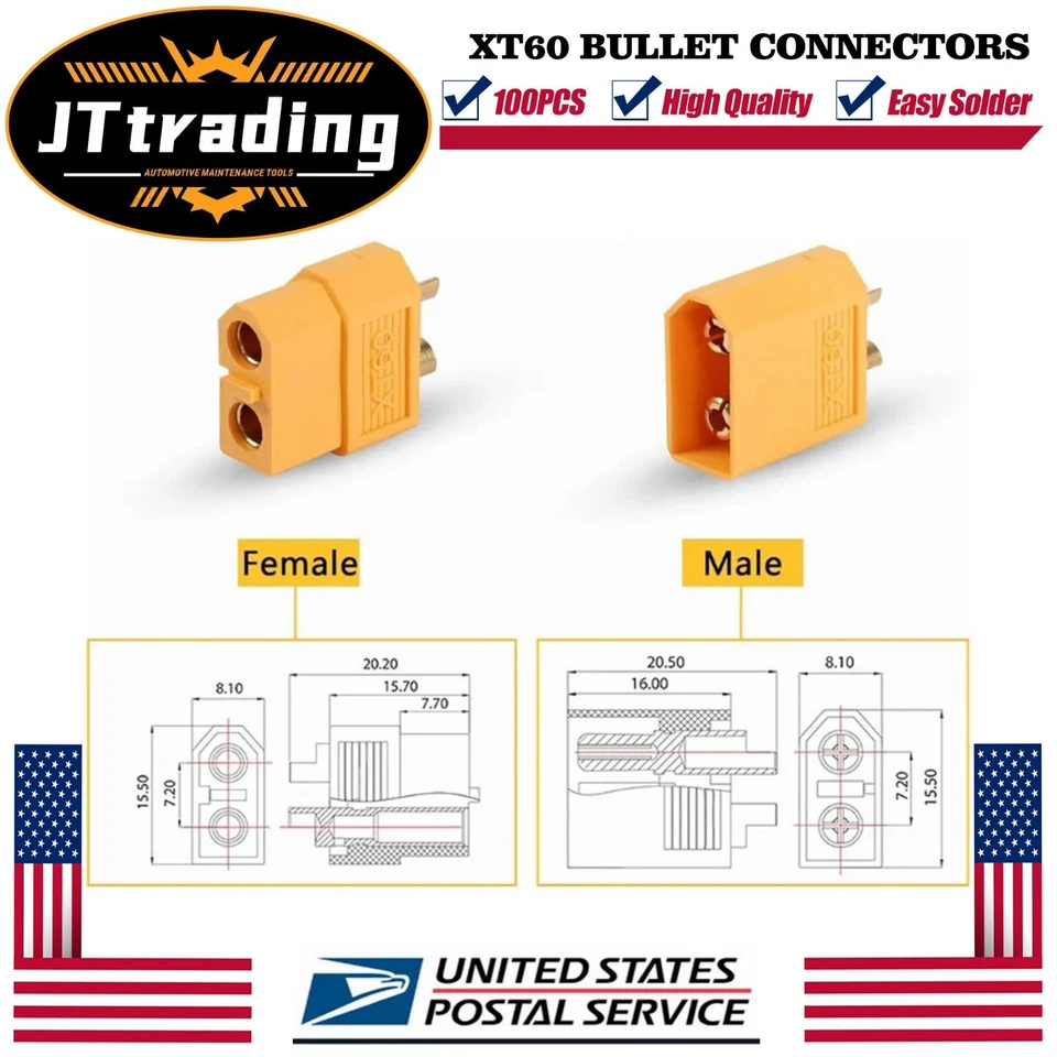 XT60 Bullet Connectors Gold Plated RC Lipo DIY Plug Power Battery XT-60 5~50Pair - Image 2 of 4