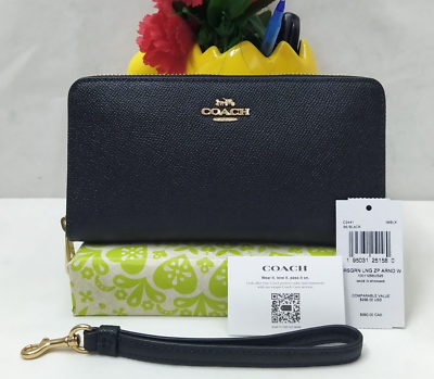 Coach Black Crossgrain Leather Zip Around Credit Card Long Wallet