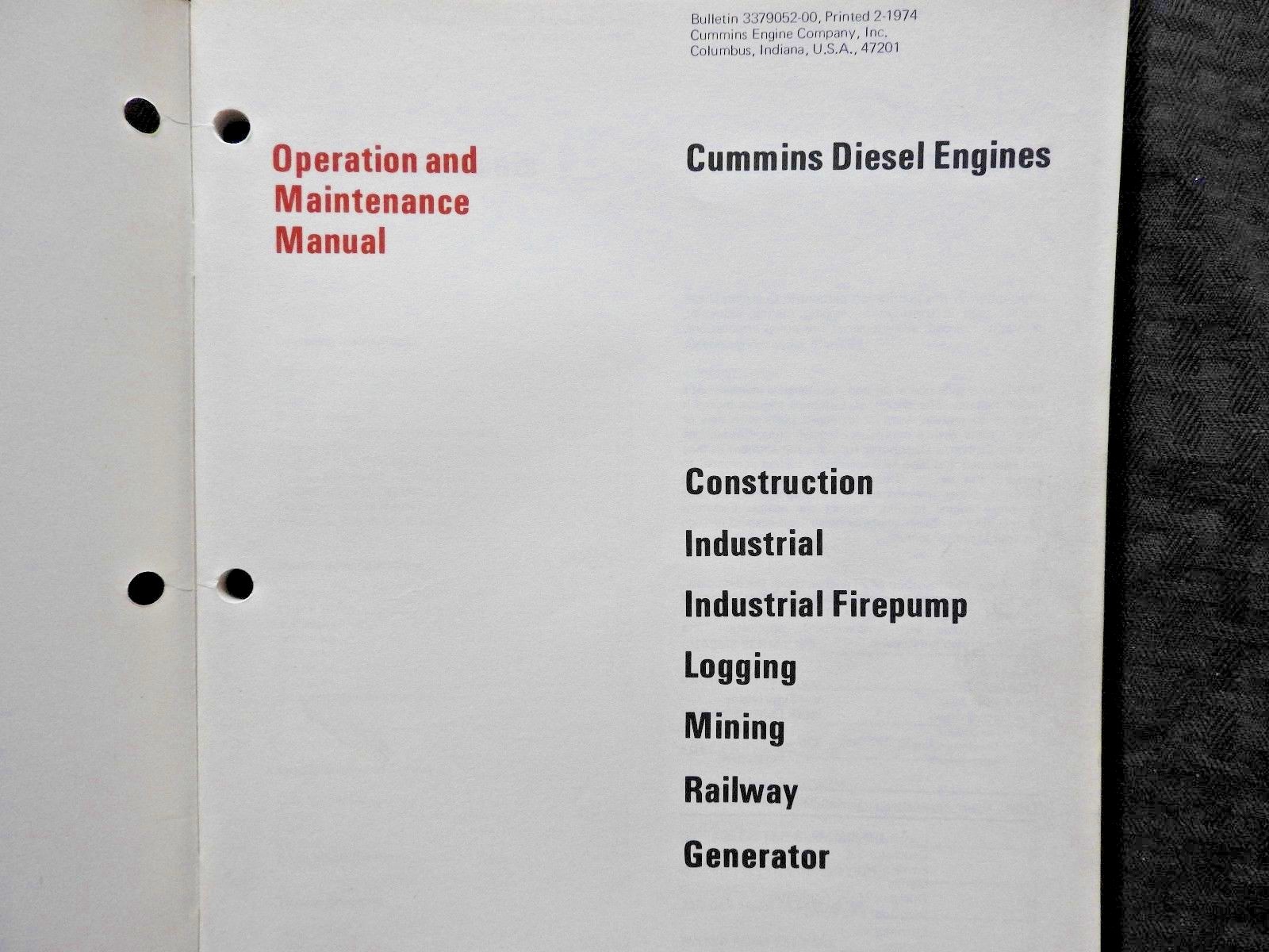 1974 CUMMINS V VT VTA N NT NTA 504 555 855 903 1710 DIESEL ENGINE OPER