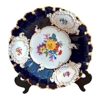 HUGE MEISSEN PORCELAIN B Form Cake Plate Cobalt Blue Flower 23K