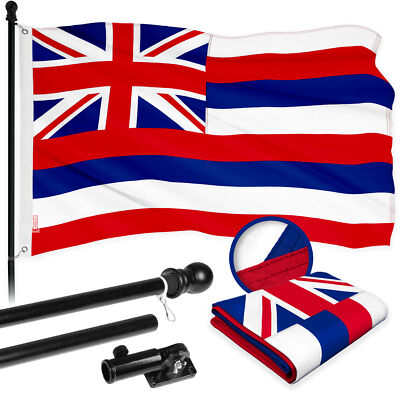 G128 6 Ft Flagpole (Black) & Hawaii HI State Flag 3x5 Ft Embroidered 300D Poly