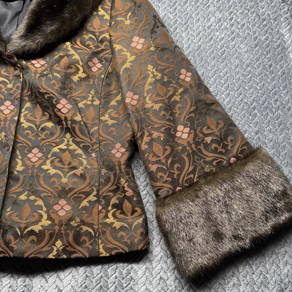 Nine West Y2K锦缎夹克女式10棕色金色黑色人造毛皮装饰金属色 — 第 3/4 张图片