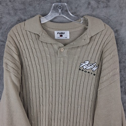 Vtg 90s FUBU Sports Cable Knit Sweater Mens XXL Tan Khaki Polo Made in USA