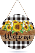 Sunflower Wooden Hanging Sign Welcome Sign Front Door Decorations Buffalo Plaid
