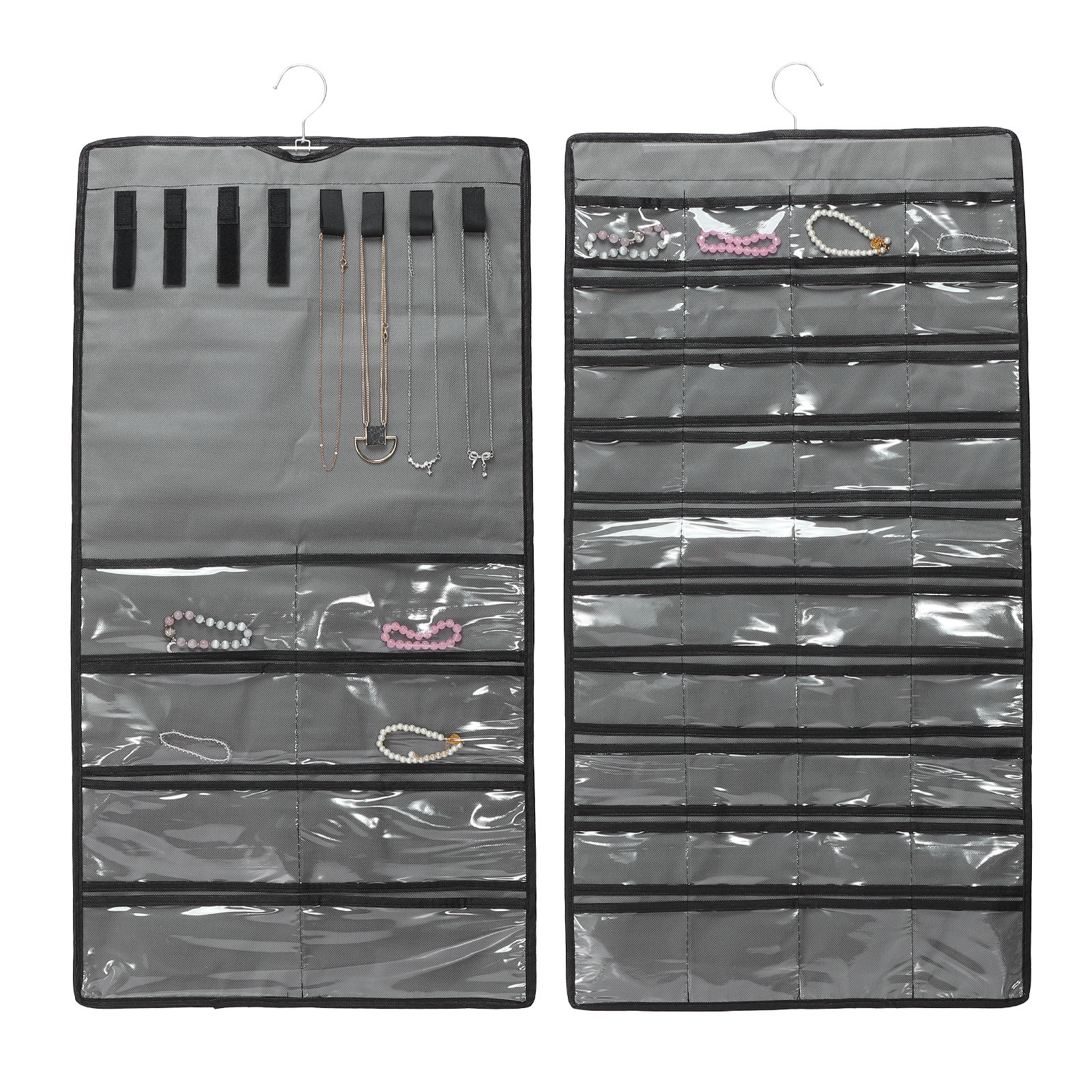Dual-sided Hanging Jewelry Organizer with 48 Pockets and 8 Hook Loops Grey