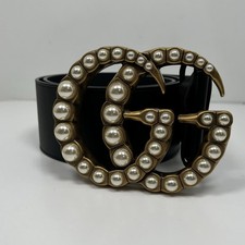 Gucci GG Faux Pearl Accent Black Wide Belt Size 95 - 38