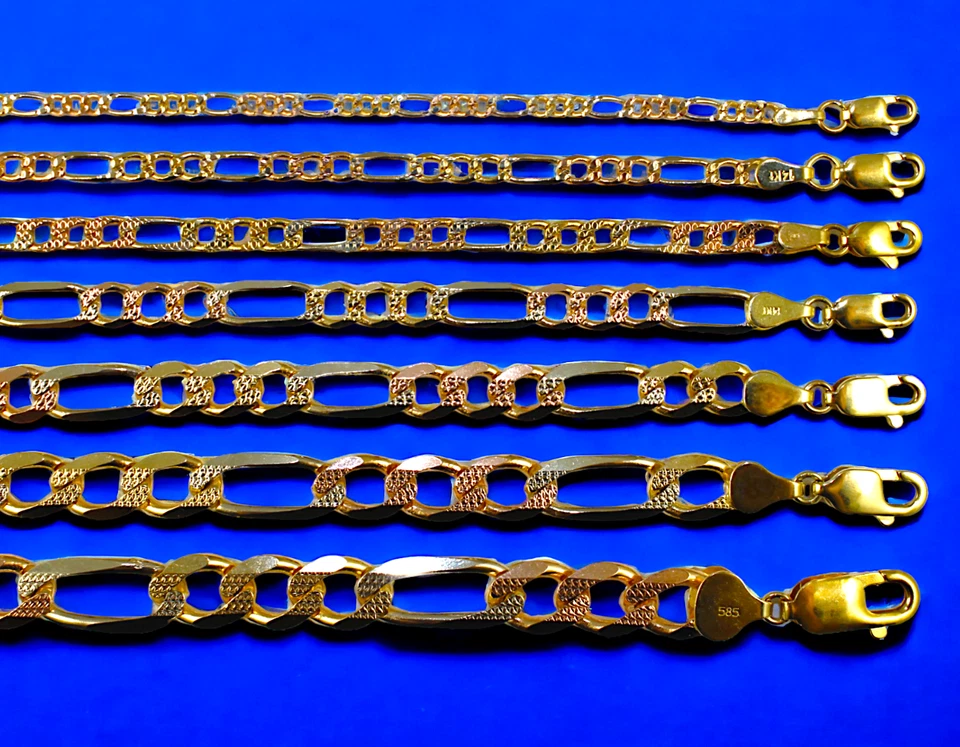 14K 三色金色 2 毫米 - 8.5 毫米实心费加罗项链链意大利 D/C 16-30