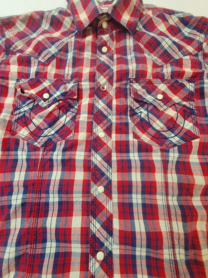 Camisa True Religion Para Hombres Grande Roja Azul Algodón A Cuadros Perla Occidental Logotipo a Presión Top Foto 4 de 4