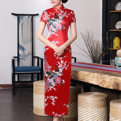 Langes Qipao Damenkleid Sommer für freizeit Blumenmuster Chinesischer Kleid Stil