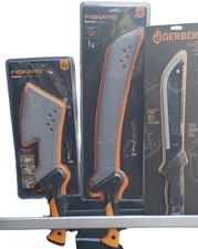 Brand new Fiskars and Gerber Lot of Machetes and Hatchet - 3 total with sheaths