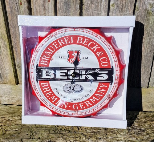 BECKS BEER Retro Bottle Top Wall Clock 30cm Distressed Metal Look - Picture 1 of 1