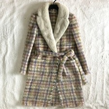 Valentino Boutique Vintage Mohair Look Tweed Real Fur Collar Belted Coat Auth