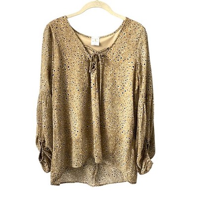 By Together Leopard Print Blouse Womens Small Tan Boho Lace Up Balloon Sleeve