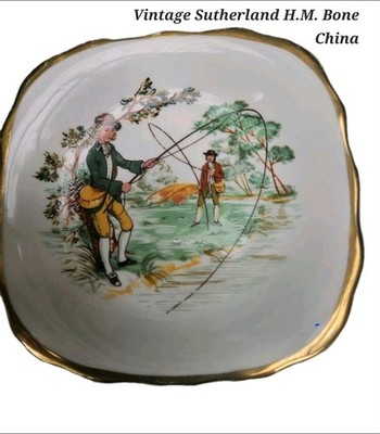 Vintage Sutherland England H.M. Bone China Dish   Fly Fishing Scene   Gold Trim