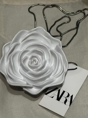 ZARA White Rose Metallic Chain Shoulder Bag Purse NEW