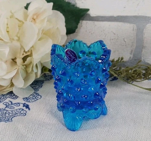MCM Fenton Label Colonial Blue Hobnail Toothpick Holder Votive 3 Footed Vint