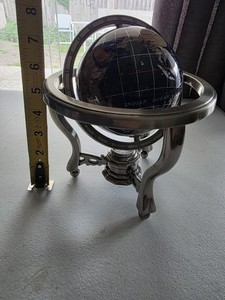 Blue Gemstone Globe With Silver Stand And Compass 7" Tall 8" Diameter