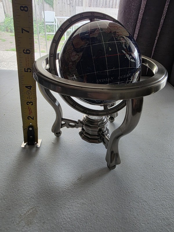 Blue Gemstone Globe With Silver Stand And Compass 7" Tall 8" Diameter